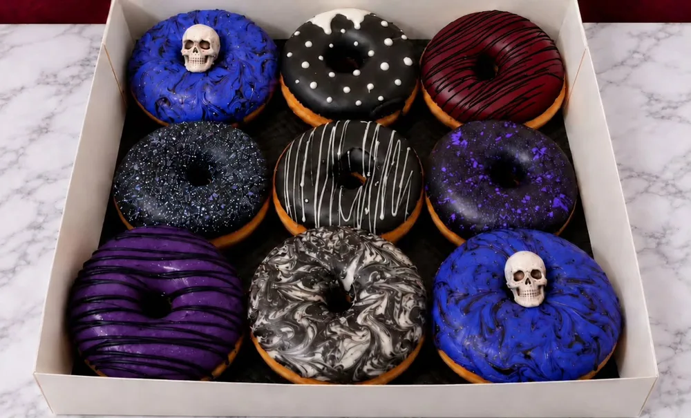 Box Halloween de neuf donuts, glaçages violet, bleu et noir avec petites têtes de mort