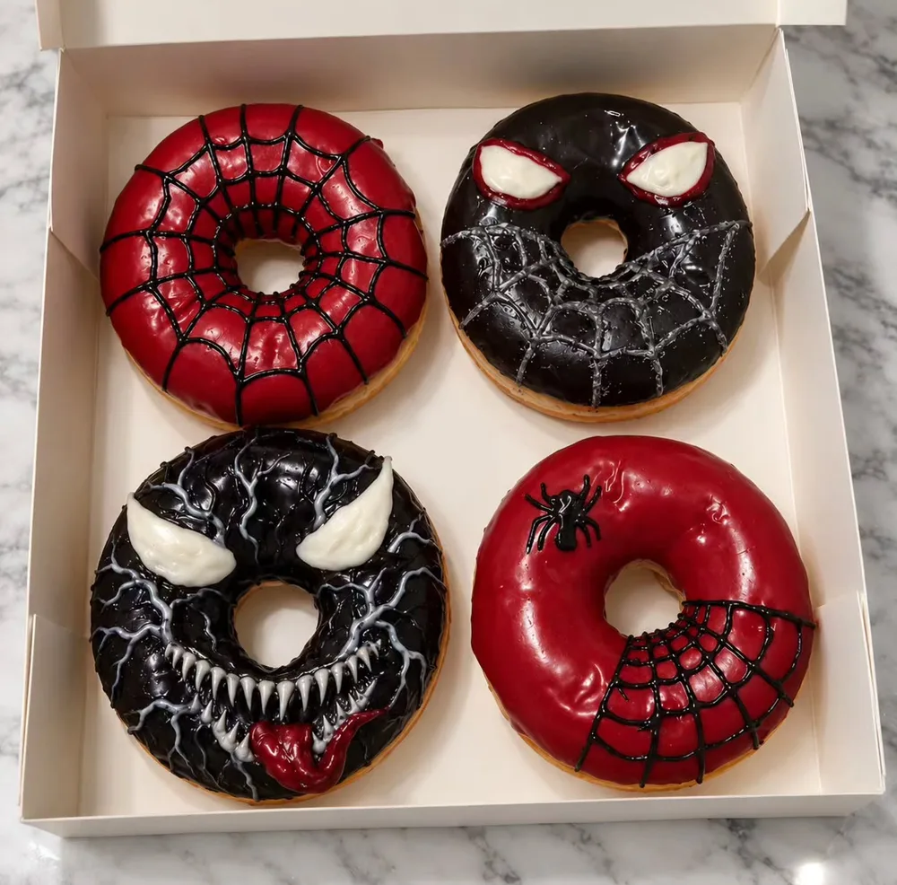 Box de quatre donuts décorés sur le thème des super-héros, glaçage rouge et noir avec toiles d’araignée